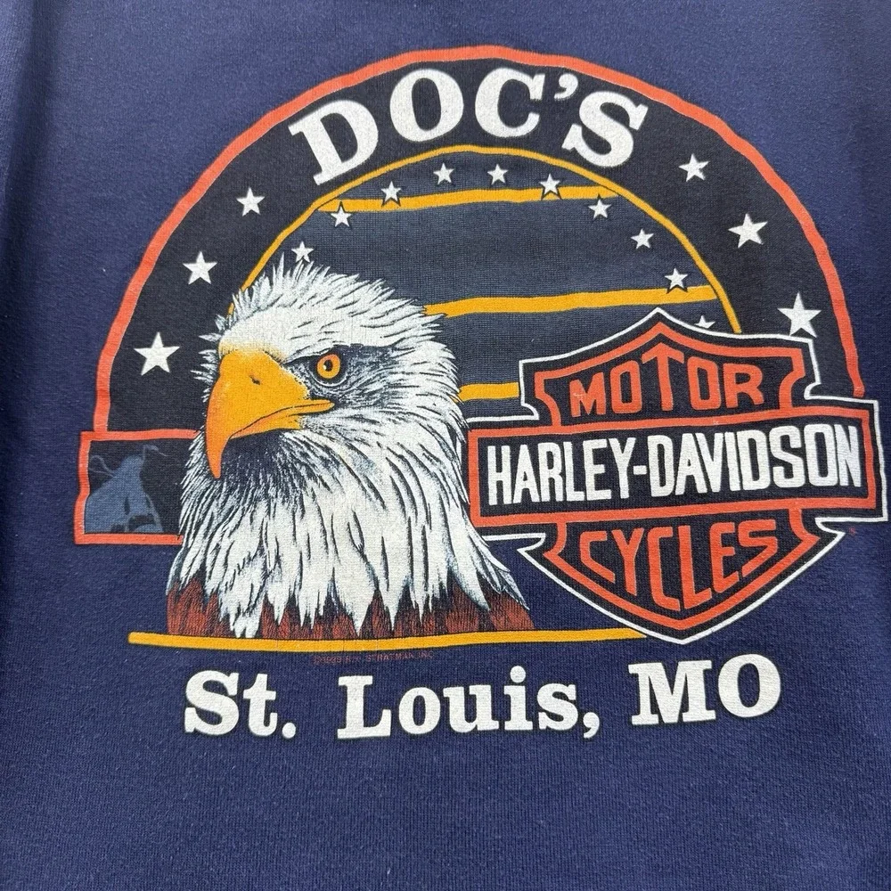 Vintage Harley Davidson Doc's St Louis MO Eagle USA Made Hoodie Mens M Blue